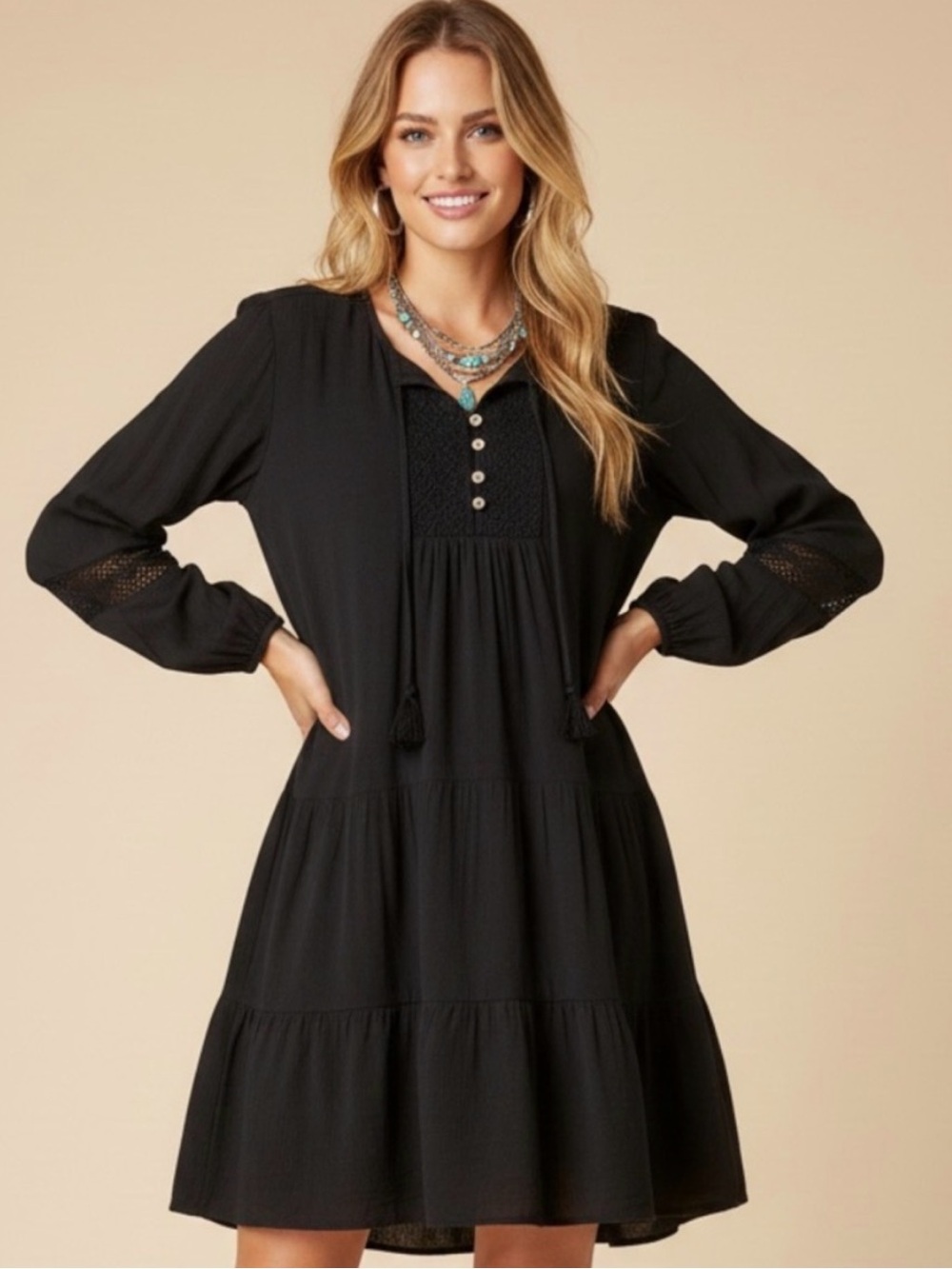 Lucky Brand Black Boho Tiered Tunic Dress Tassel Tie V-Neck Size L